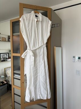 GAP White Button-Front Shirt Dress with Self-Tie Waist